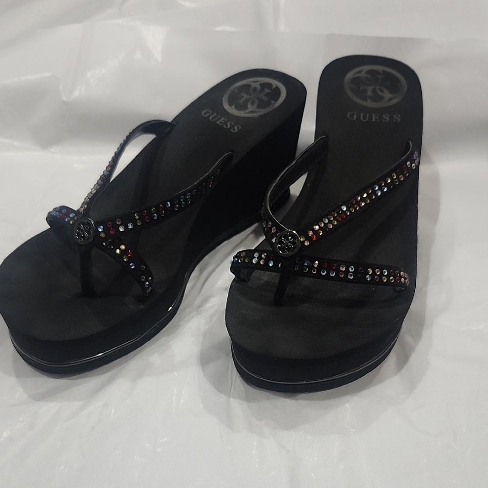 GUESS Black Wedge Flip-Flops with Multicolored Rhinestone Straps
